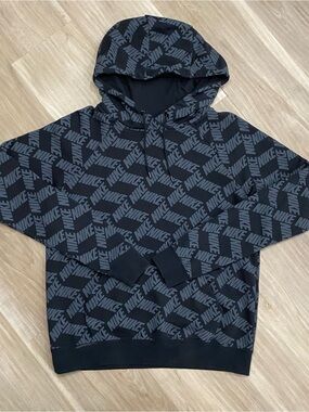 Nike Hoodie Mens Small S Black All Over Print Spellout Logo Fleece Pullover
